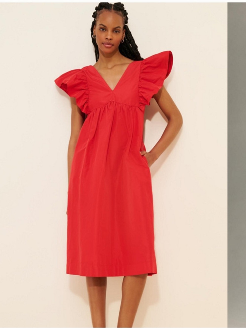 Anthropology Maeve Red V-Neck Ruffle-Sleeve Midi Dress M bust 40”